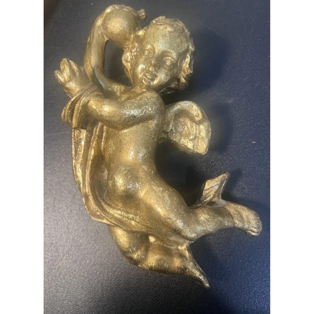 Vintage  Angel Cherub‎ Wall Hanging Plaques Hollywood Regency Gold 7